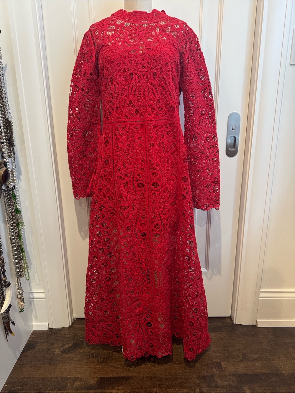 Sea New York Red Crochet Lace Long-Sleeve Maxi Dress